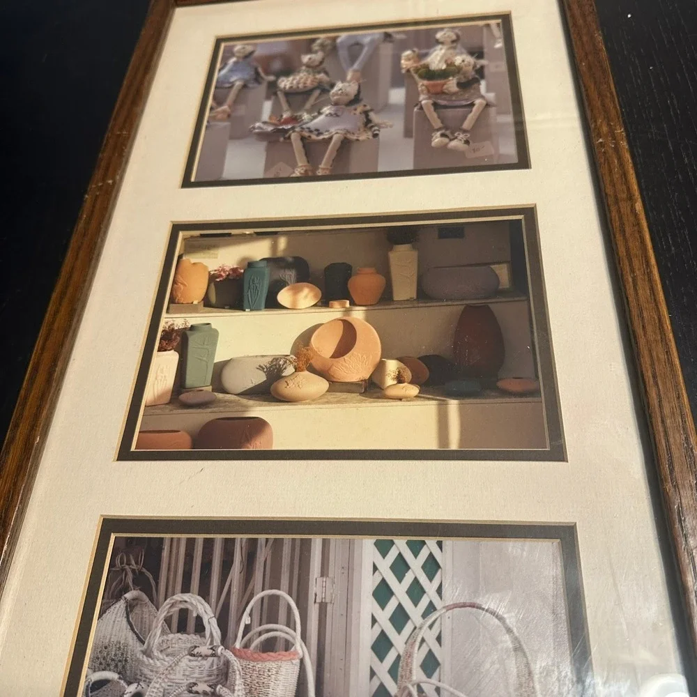 Vintage Triptych Framed Art Pottery Baskets Cat Dolls Wood Frame Wall Decor